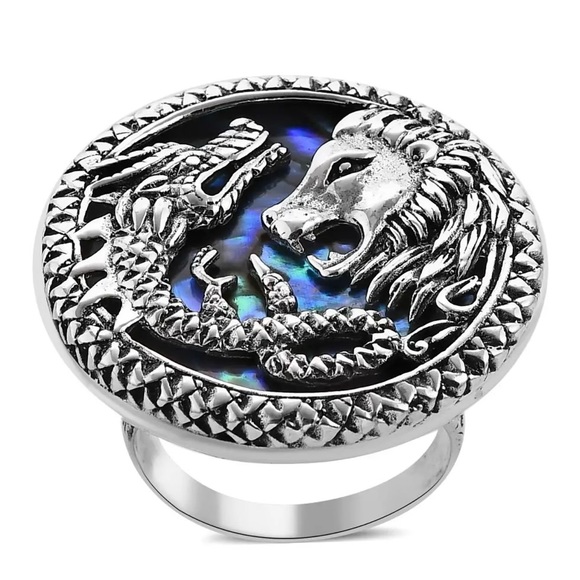 🐉 Abalone Shell Dragon and Lion Ring 🦁 in Sterling Silver Sz.7 - Picture 11 of 14